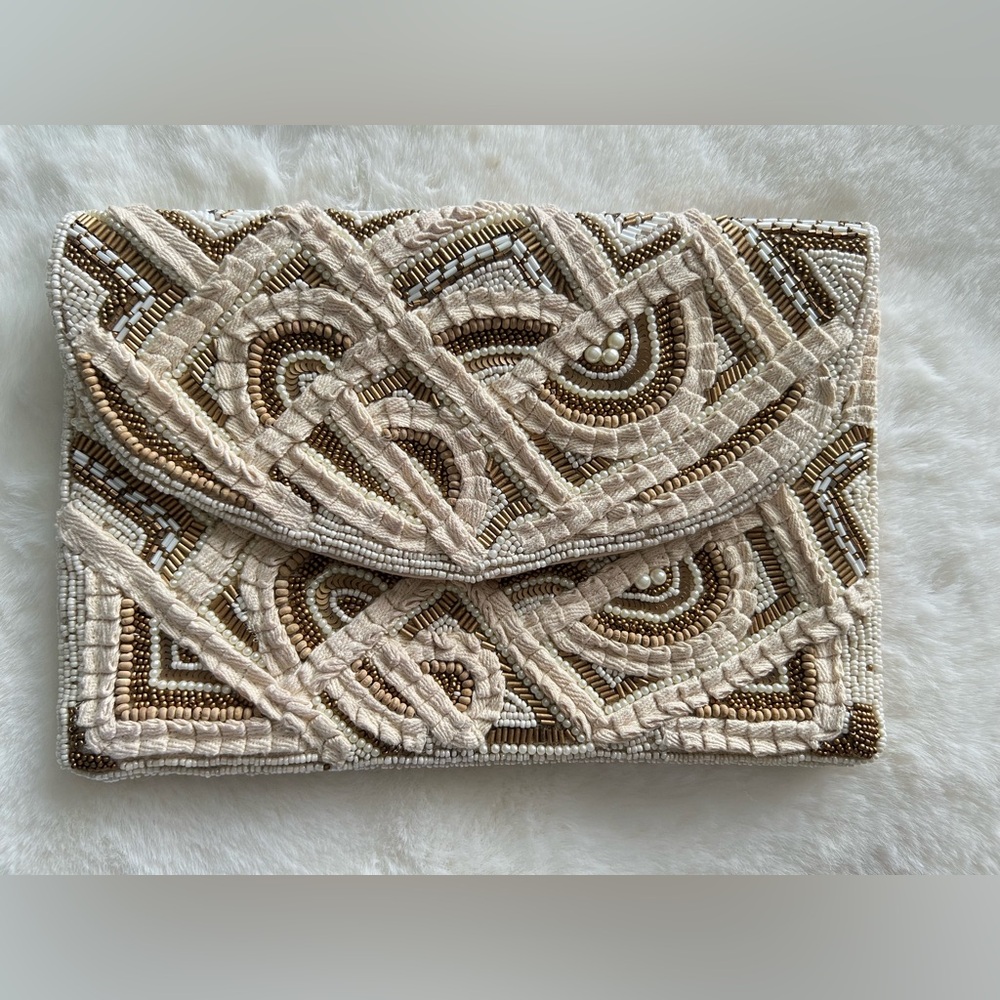 Antik Kraft Beaded Clutch Sand Cream Gold Handmade India Evening Bag 10.5x7